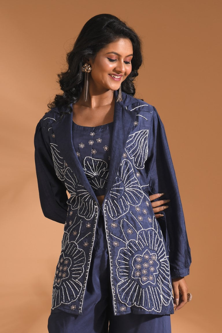 Morchari 3Pc Palazzo Set With Hand Embroidery - Blue