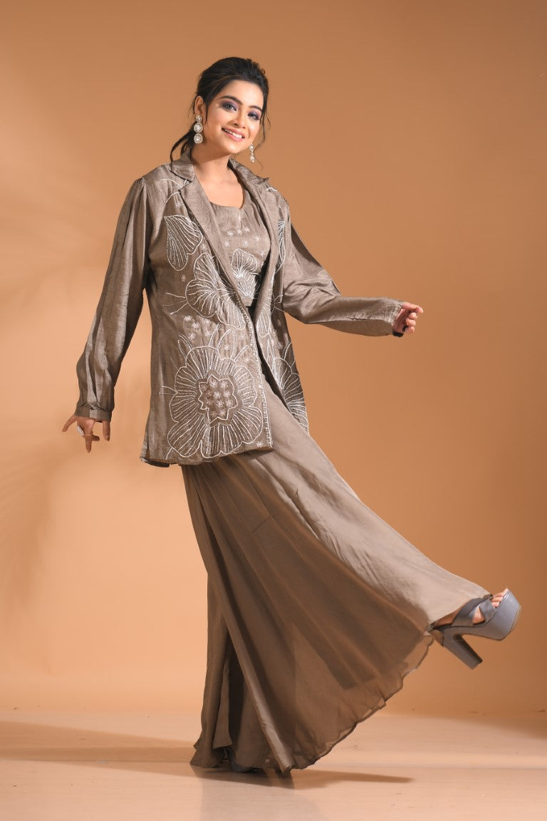 Morchari 3Pc Palazzo Set With Hand Embroidery - Blue
