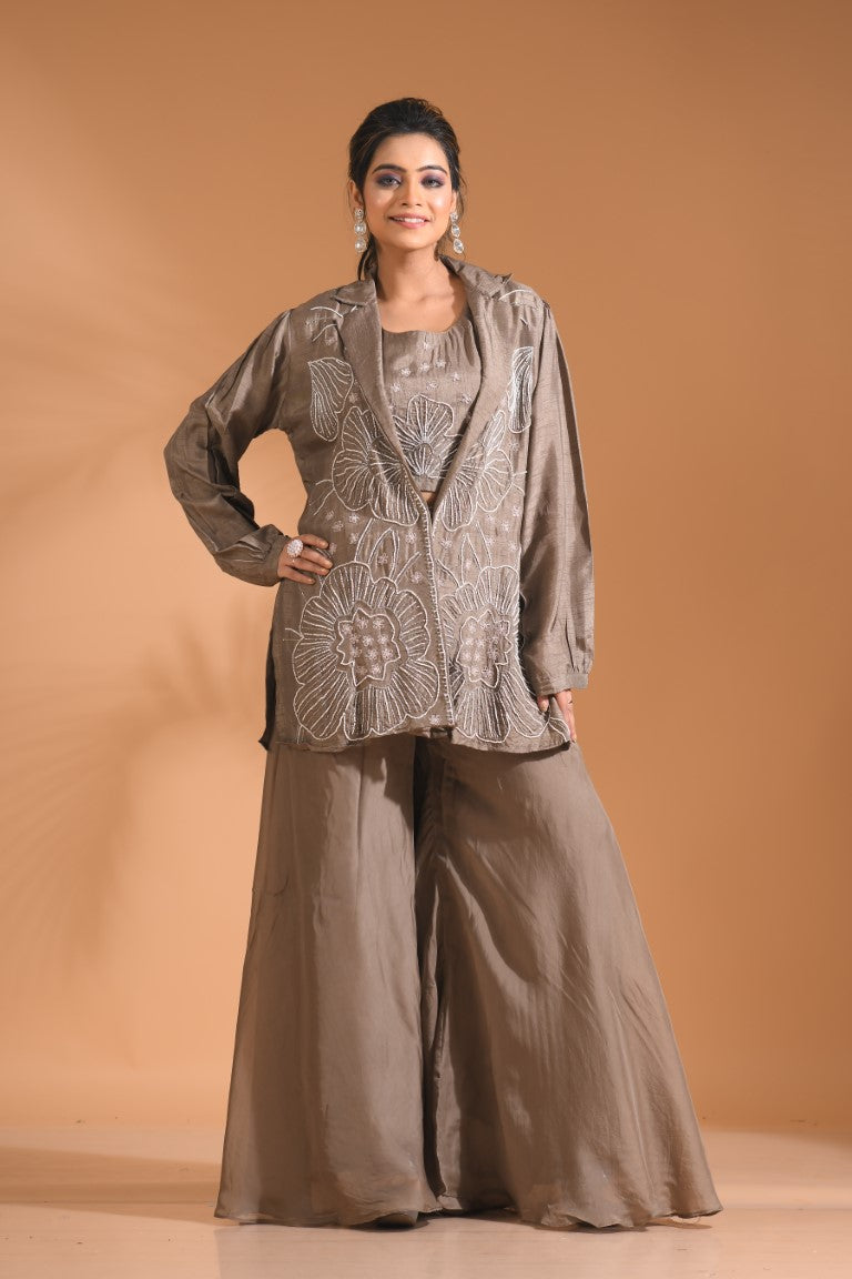 Morchari 3Pc Palazzo Set With Hand Embroidery - Blue
