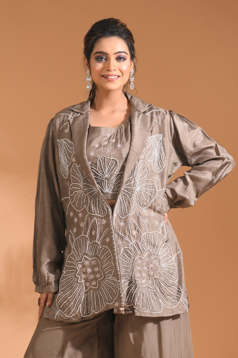 Morchari 3Pc Palazzo Set With Hand Embroidery - Blue