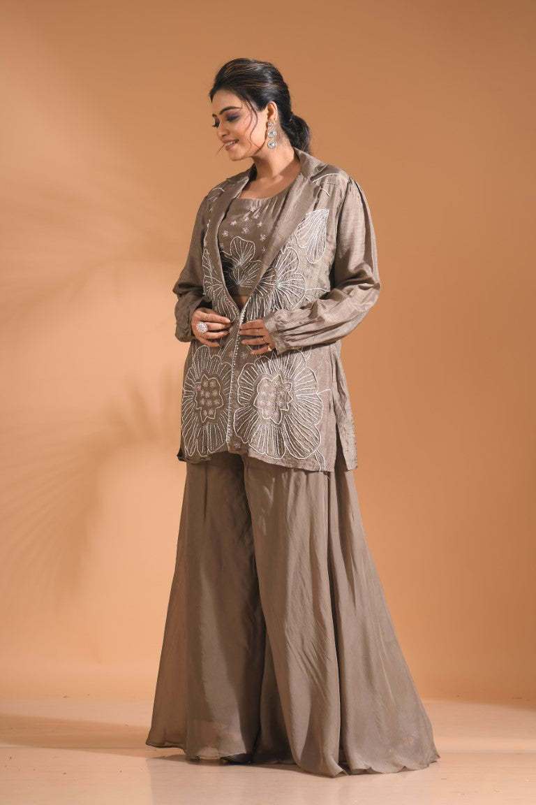 Morchari 3Pc Palazzo Set With Hand Embroidery - Blue