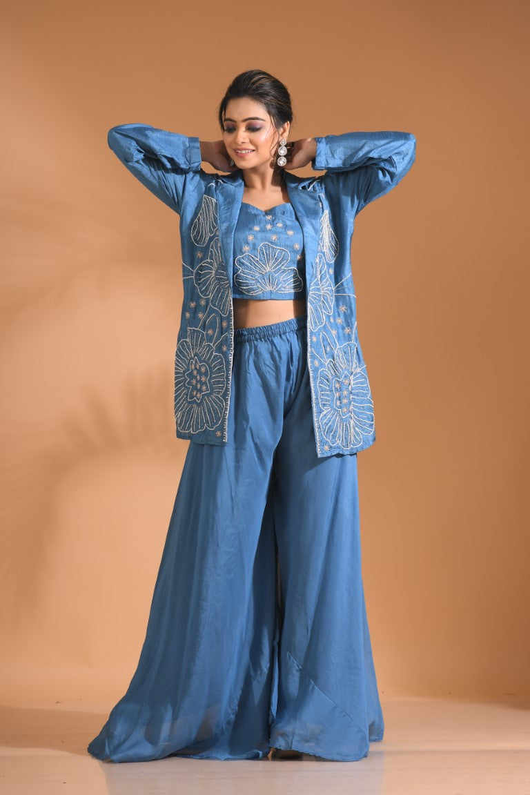 Morchari 3Pc Palazzo Set With Hand Embroidery - Beige