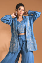 Morchari 3Pc Palazzo Set With Hand Embroidery - Beige