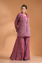 Morchari 3Pc Palazzo Set With Hand Embroidery - Purple