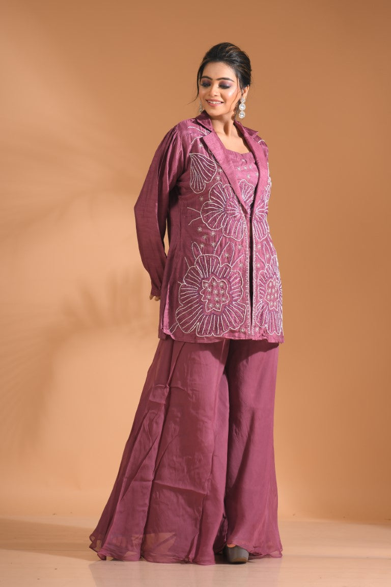 Morchari 3Pc Palazzo Set With Hand Embroidery - Purple