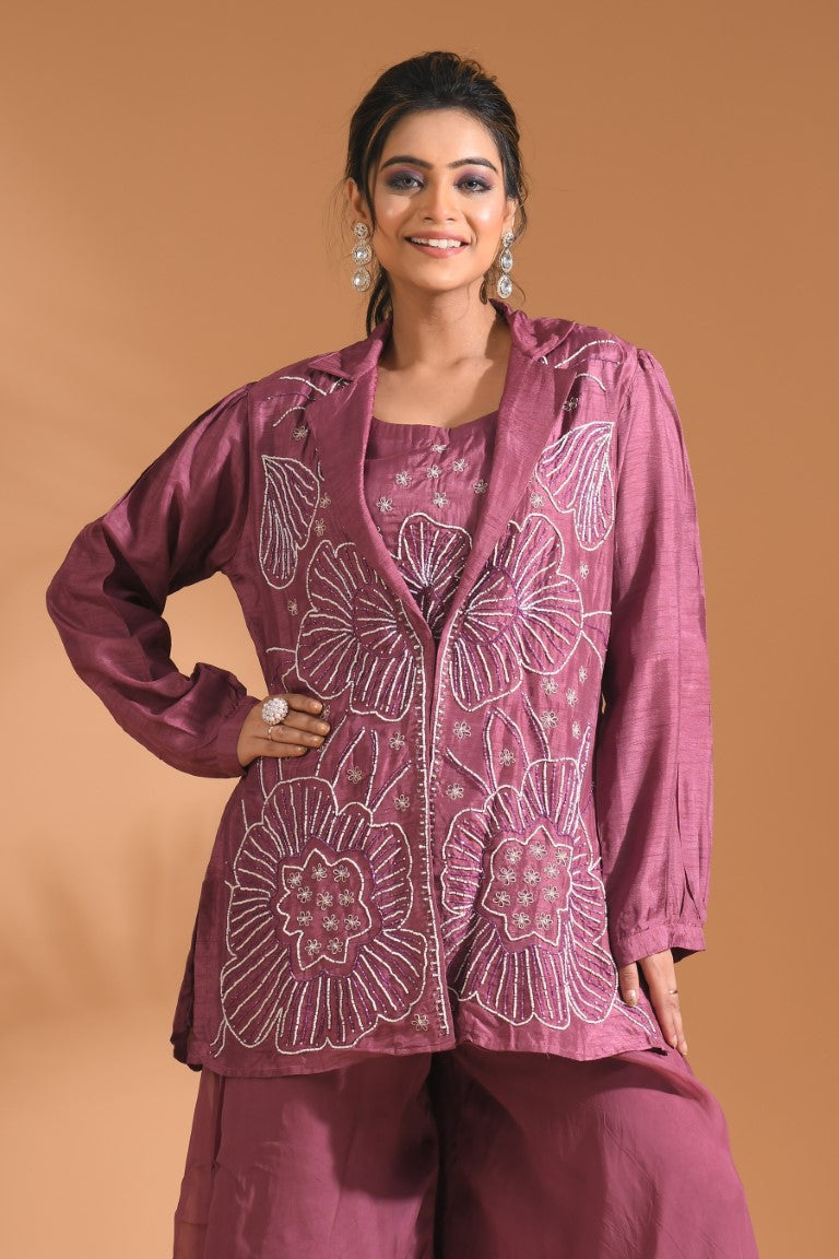 Morchari 3Pc Palazzo Set With Hand Embroidery - Purple