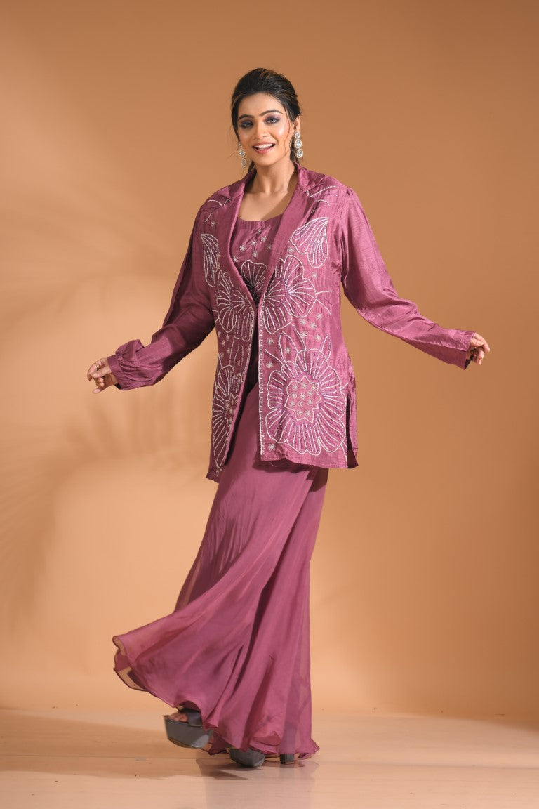Morchari 3Pc Palazzo Set With Hand Embroidery - Purple
