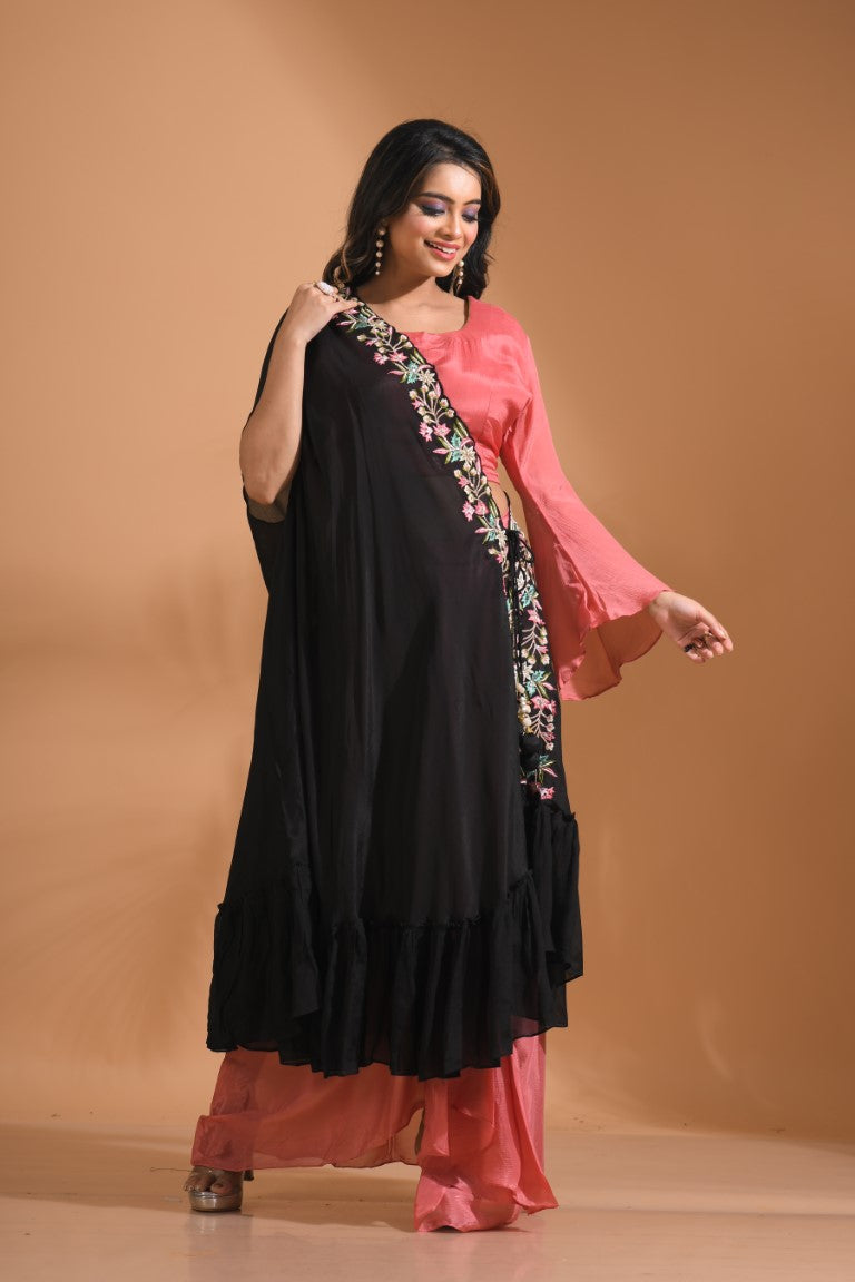 Morchari Crop Top With Dupatta Hand Embroidery - Peach