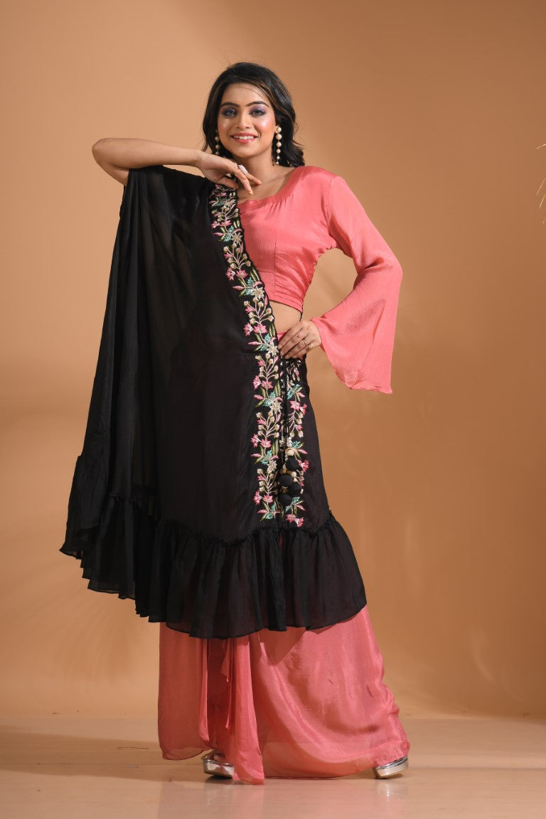 Morchari Crop Top With Dupatta Hand Embroidery - Peach