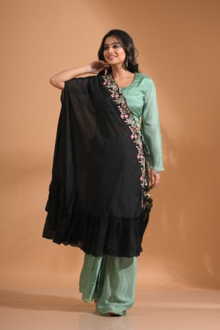 Morchari Crop Top With Dupatta Hand Embroidery - Green
