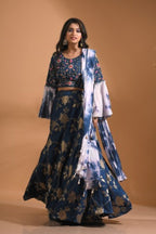 Morchari Crop Top With Tie & Dye Dupatta Hand Embroidery - Blue