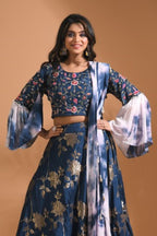 Morchari Crop Top With Tie & Dye Dupatta Hand Embroidery - Blue