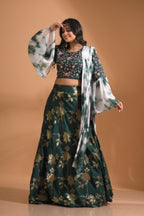 Morchari Crop Top With Tie & Dye Dupatta Hand Embroidery - Green