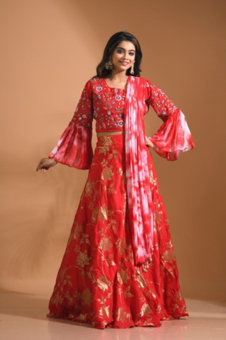 Morchari Crop Top With Tie & Dye Dupatta Hand Embroidery - Red