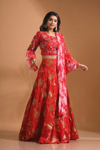 Morchari Crop Top With Tie & Dye Dupatta Hand Embroidery - Red