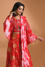 Morchari Crop Top With Tie & Dye Dupatta Hand Embroidery - Red