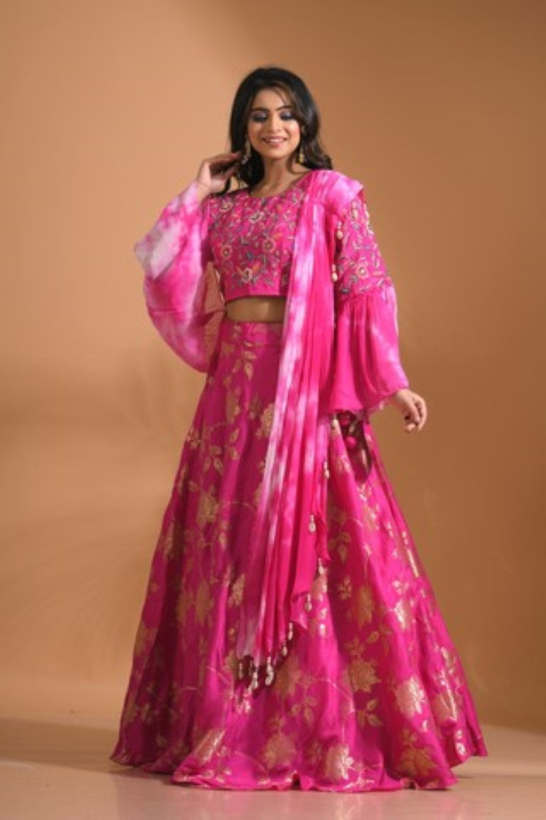 Morchari Crop Top With Tie & Dye Dupatta Hand Embroidery - Pink