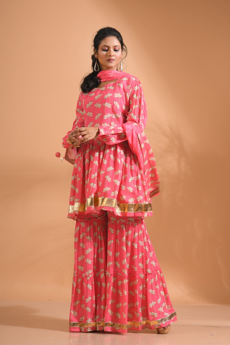 Morchari Sharara Top Set With Dupatta - Red - Distacart