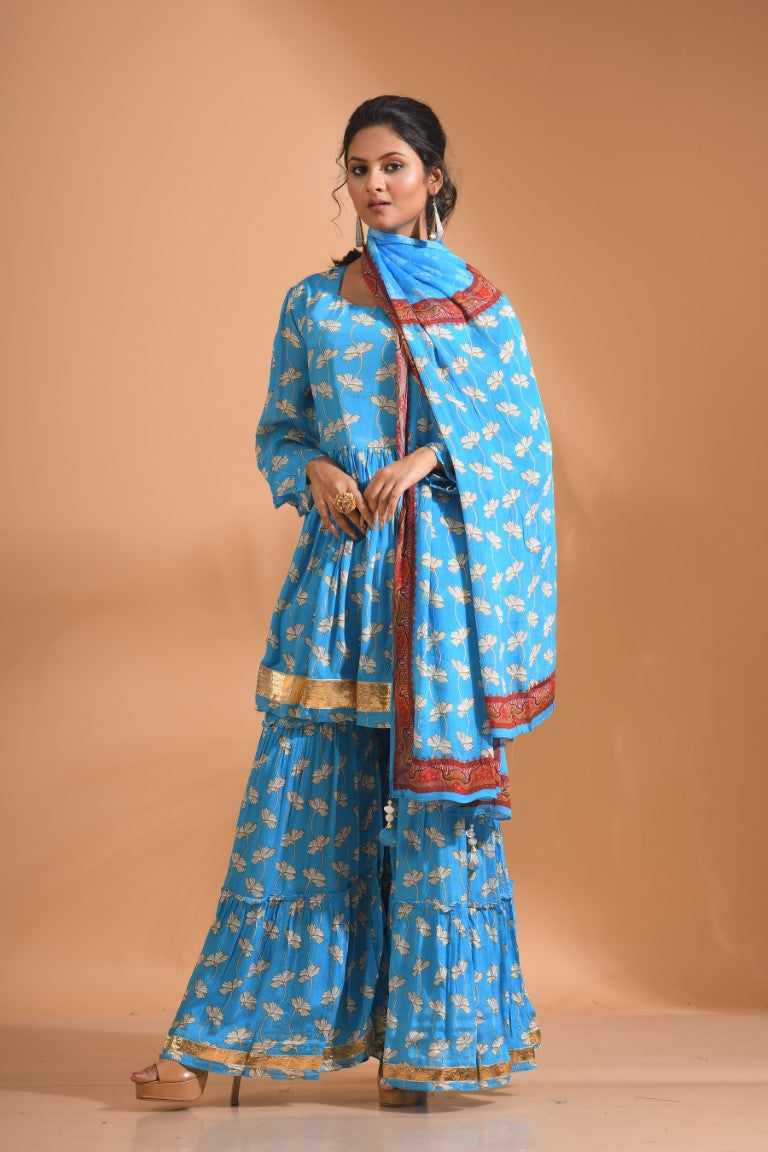 Morchari Sharara Top Set With Dupatta - Blue - Distacart