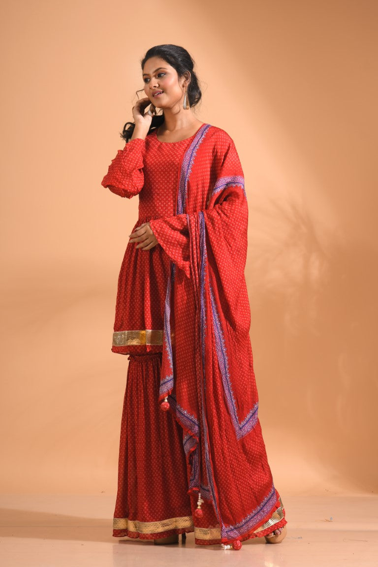 Morchari Sharara Top Set With Dupatta - Red - Distacart