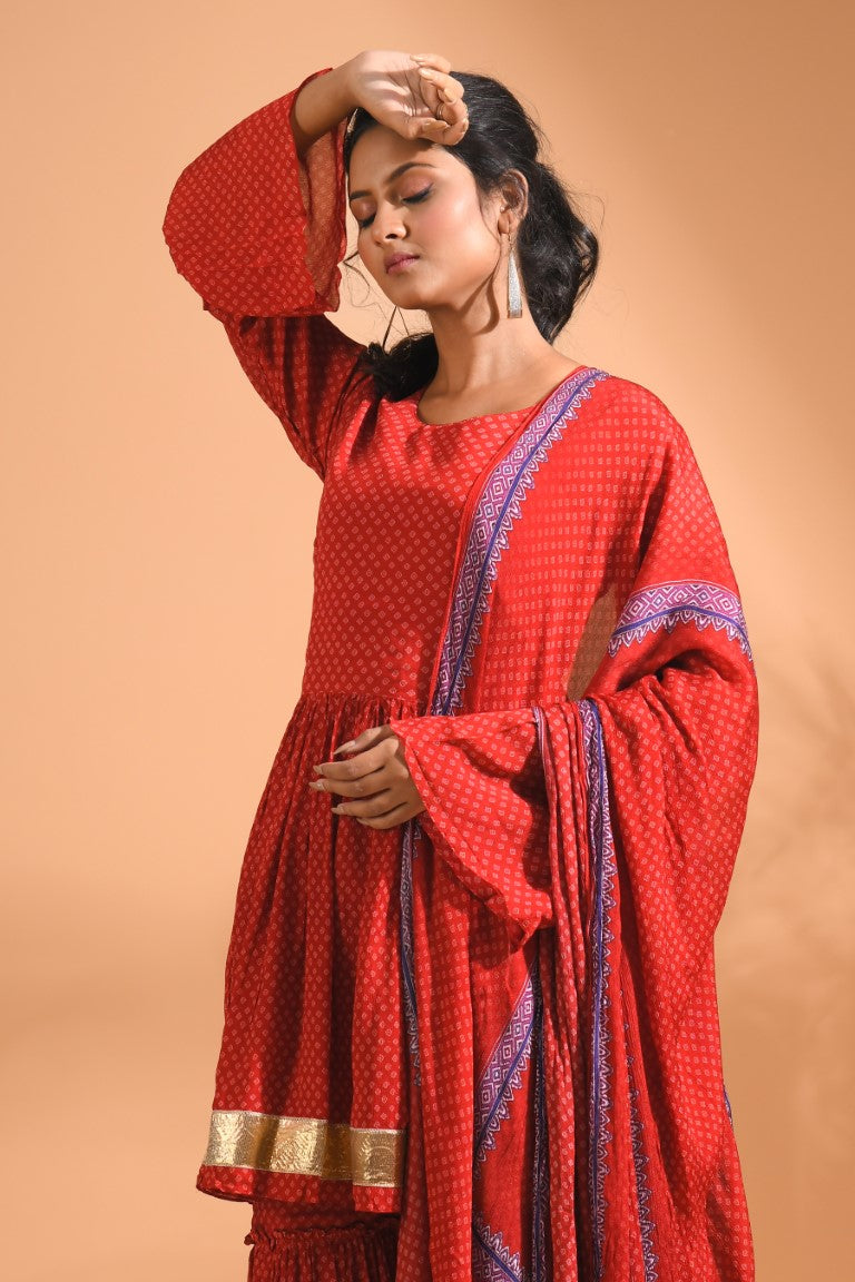Morchari Sharara Top Set With Dupatta - Red - Distacart