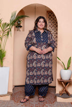 Miravan Womens Plus Size Cotton Floral Printed Shirt-Collar Straight Kurta and Palazzo set