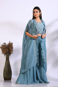 Morchari Top Palazzo With Jacket With Hand Embroidery - Blue