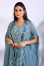 Morchari Top Palazzo With Jacket With Hand Embroidery - Blue