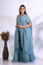 Morchari Top Palazzo With Jacket With Hand Embroidery - Blue