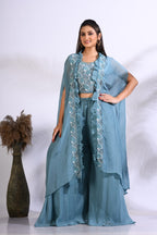 Morchari Top Palazzo With Jacket With Hand Embroidery - Blue