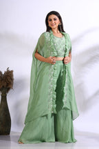 Morchari Top Palazzo With Jacket With Hand Embroidery - Green