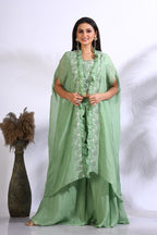 Morchari Top Palazzo With Jacket With Hand Embroidery - Green