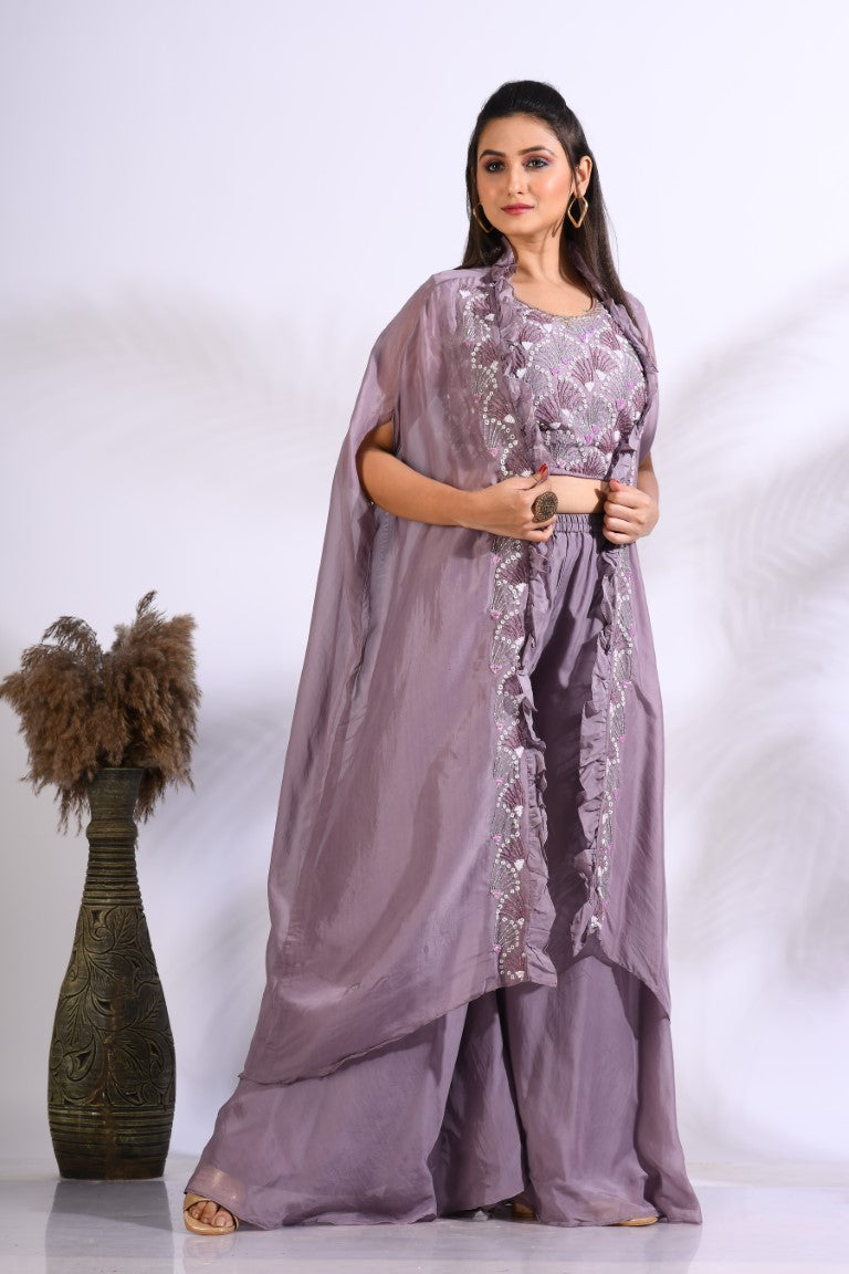 Morchari Top Palazzo With Jacket With Hand Embroidery - Purple
