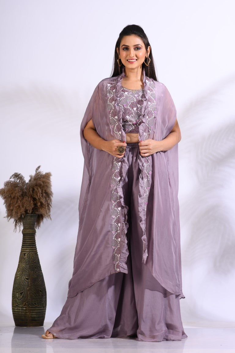 Morchari Top Palazzo With Jacket With Hand Embroidery - Purple
