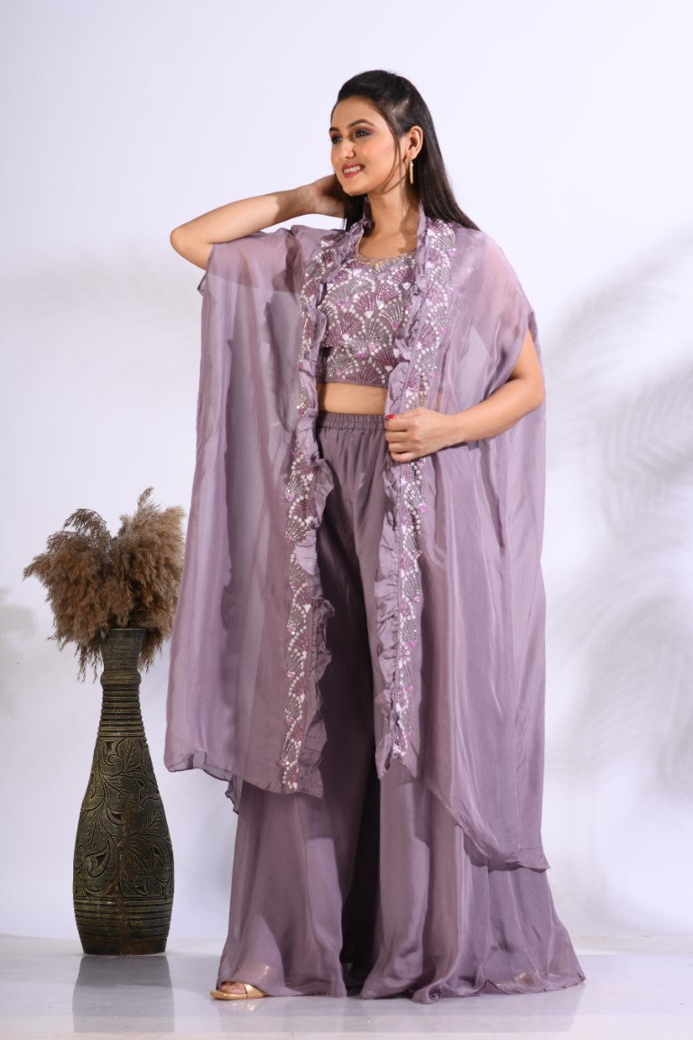 Morchari Top Palazzo With Jacket With Hand Embroidery - Purple