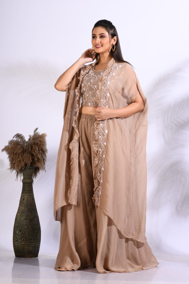 Morchari Top Palazzo With Jacket With Hand Embroidery - Brown