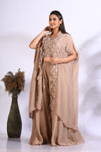 Morchari Top Palazzo With Jacket With Hand Embroidery - Brown