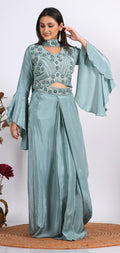 Morchari Crop Top With Dupatta With Hand Embroidery - Grey