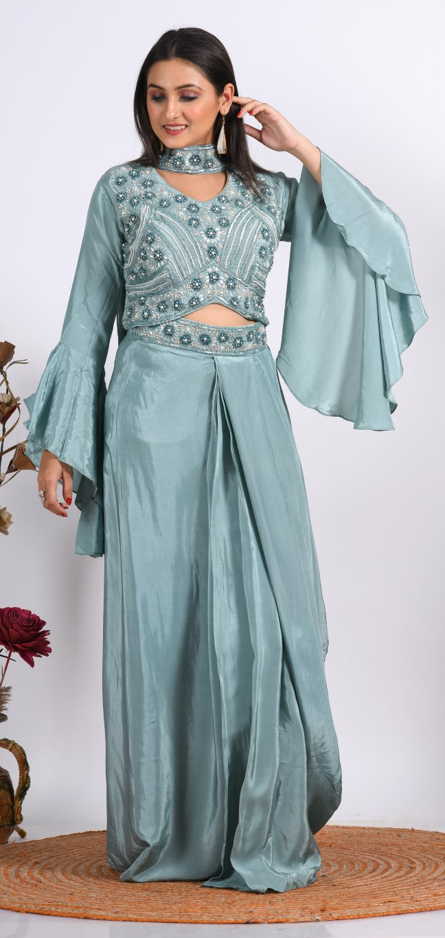 Morchari Crop Top With Dupatta With Hand Embroidery - Grey