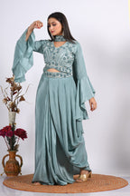 Morchari Crop Top With Dupatta With Hand Embroidery - Grey