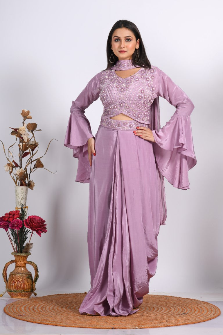 Morchari Crop Top With Dupatta With Hand Embroidery - Purple