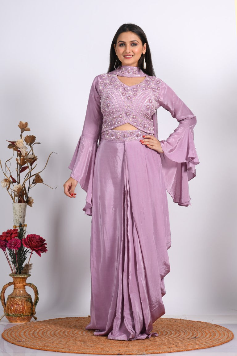 Morchari Crop Top With Dupatta With Hand Embroidery - Purple