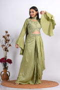 Morchari Crop Top With Dupatta With Hand Embroidery - Green