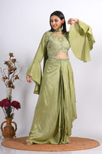 Morchari Crop Top With Dupatta With Hand Embroidery - Green
