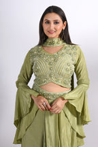 Morchari Crop Top With Dupatta With Hand Embroidery - Green