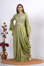 Morchari Crop Top With Dupatta With Hand Embroidery - Green