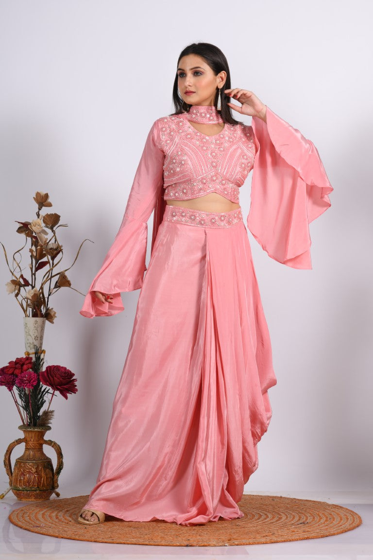 Morchari Crop Top With Dupatta With Hand Embroidery - Peach