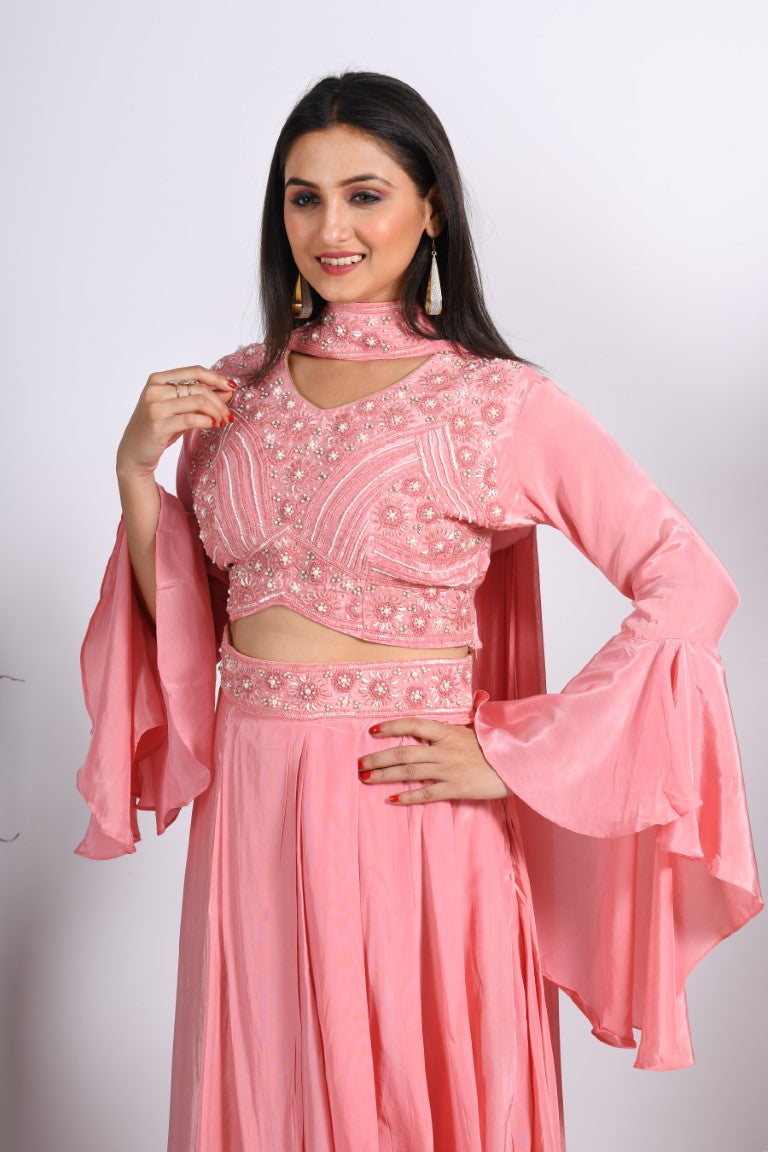 Morchari Crop Top With Dupatta With Hand Embroidery - Peach