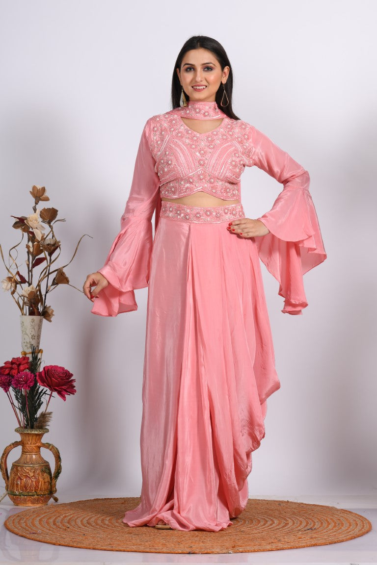 Morchari Crop Top With Dupatta With Hand Embroidery - Peach