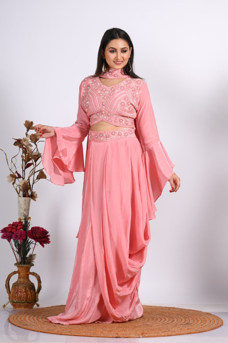Morchari Crop Top With Dupatta With Hand Embroidery - Peach